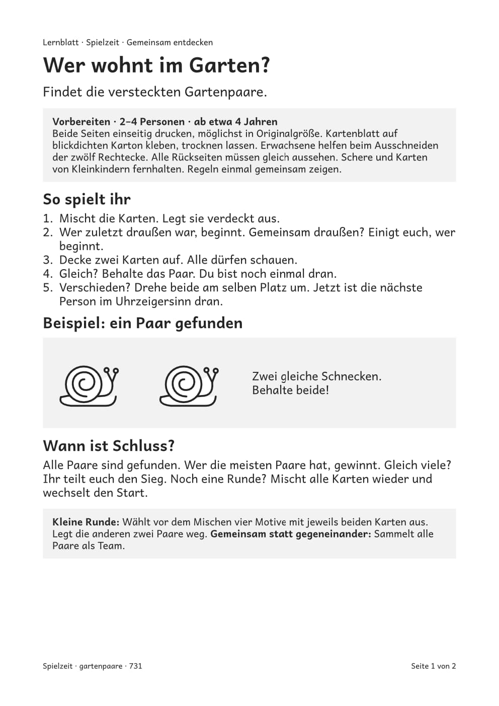 Wer wohnt im Garten?, vollständige PDF-Seite 1. Regeln und Spielmaterial sind auch im PDF als Text und Grafik enthalten.