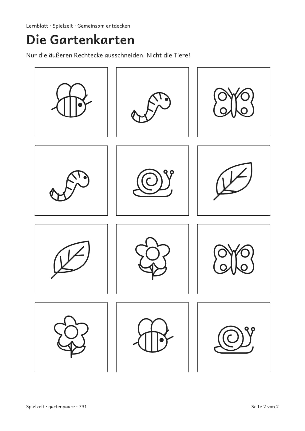 Wer wohnt im Garten?, vollständige PDF-Seite 2. Regeln und Spielmaterial sind auch im PDF als Text und Grafik enthalten.