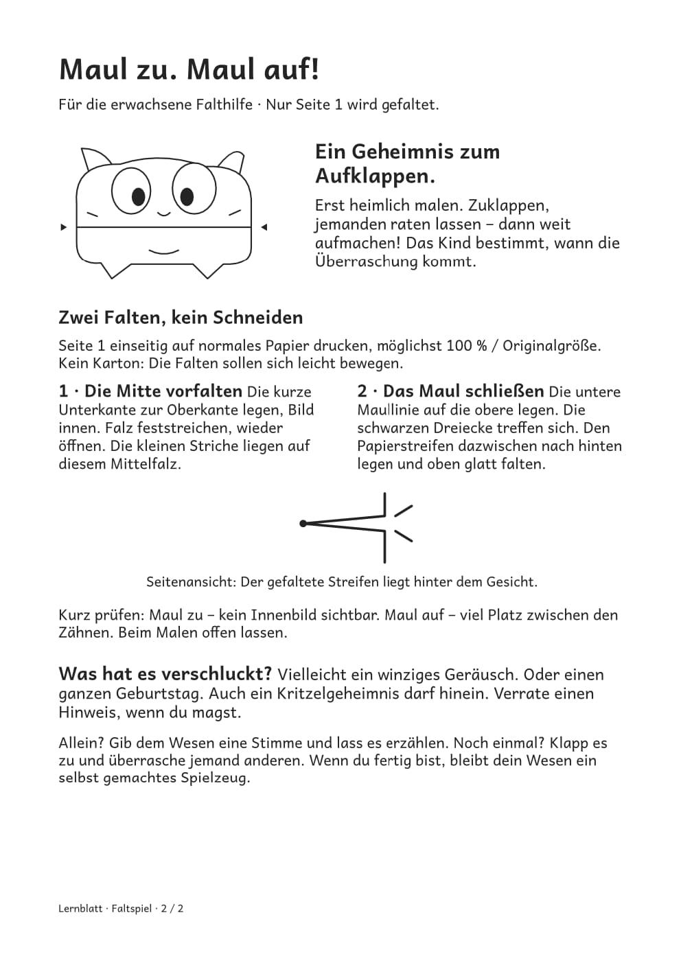Psst! Was steckt im Maul?, vollständige PDF-Seite 2. Regeln und Spielmaterial sind auch im PDF als Text und Grafik enthalten.