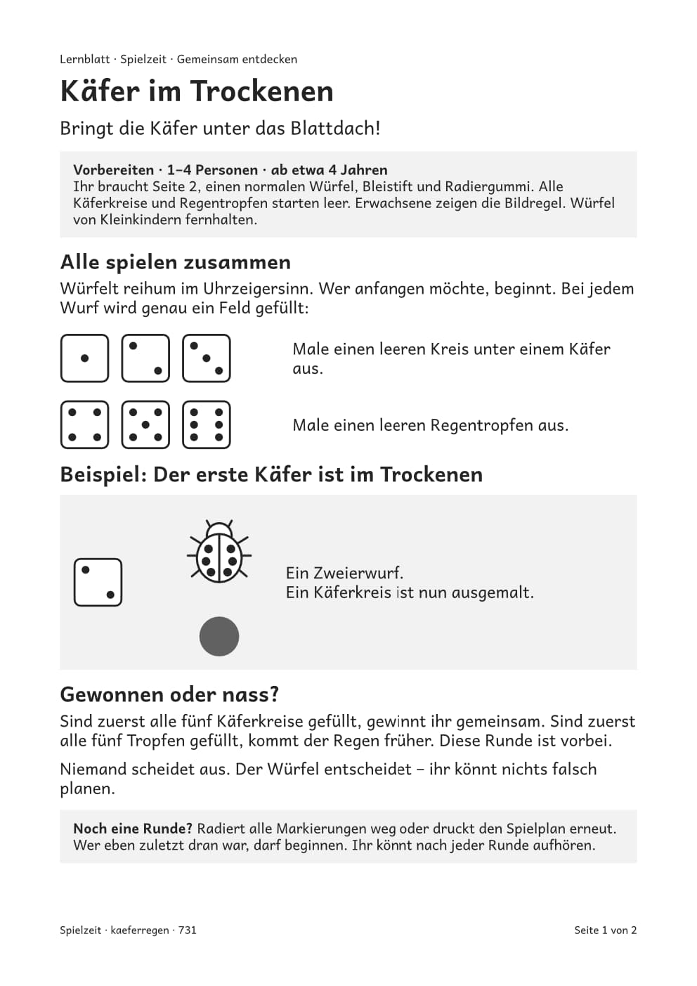 Käfer im Trockenen, vollständige PDF-Seite 1. Regeln und Spielmaterial sind auch im PDF als Text und Grafik enthalten.