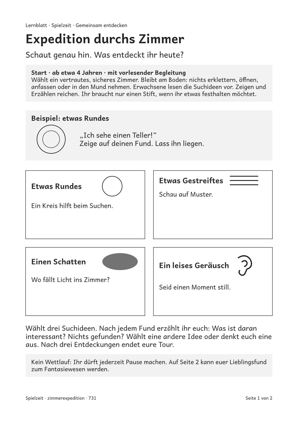 Expedition durchs Zimmer, vollständige PDF-Seite 1. Regeln und Spielmaterial sind auch im PDF als Text und Grafik enthalten.